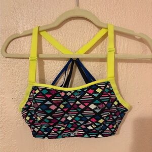 VSX Neon Yellow Trim Multi-Color Geometric Sports Bra